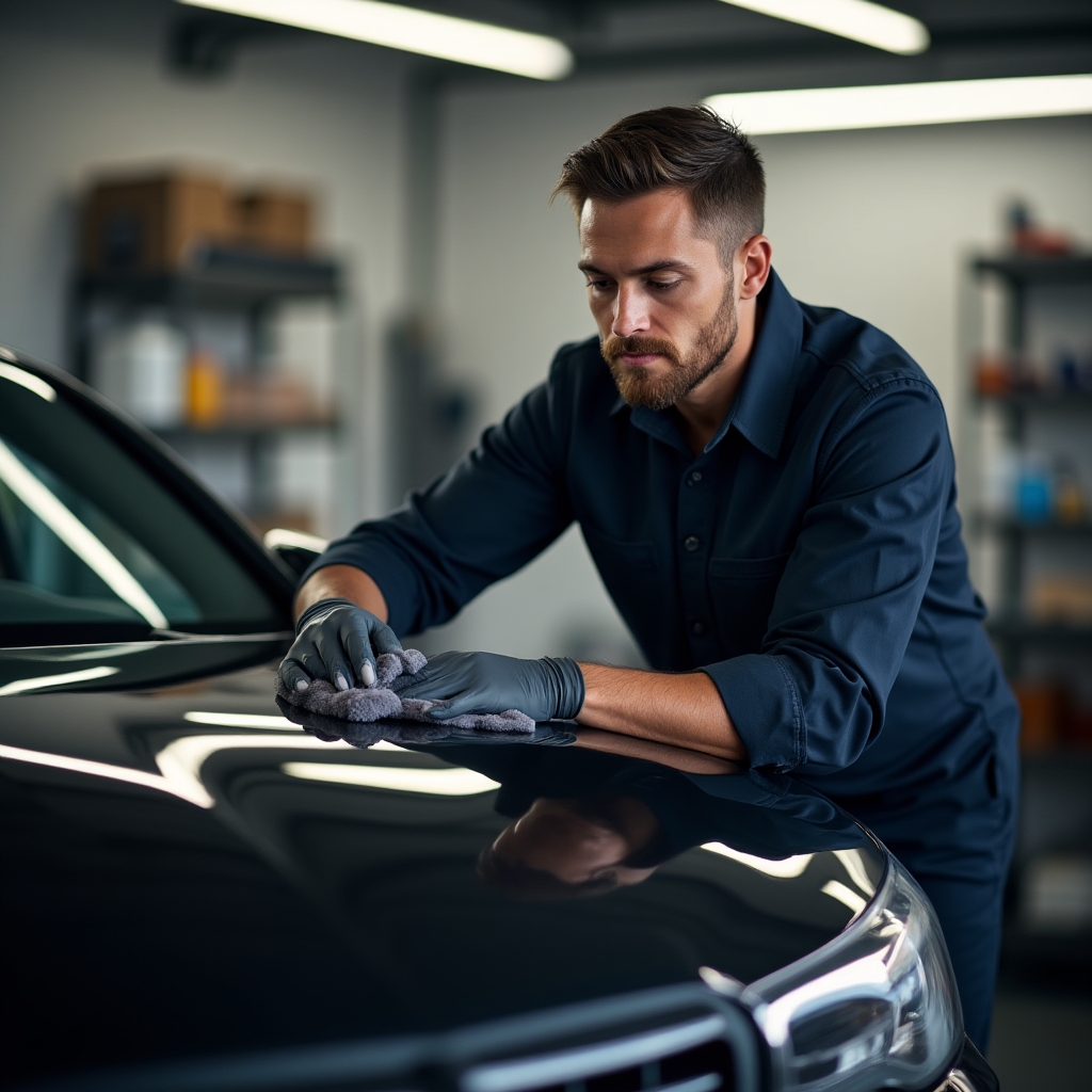 Tecnico che esegue detailing professionale su automobile