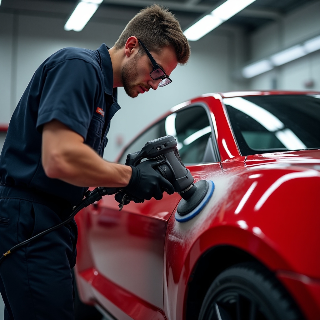 Tecnico che utilizza lucidatrice orbitale su carrozzeria